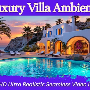 Video in loop senza interruzioni del tramonto nella villa mediterranea / Video animato della piscina tropicale (download digitale)