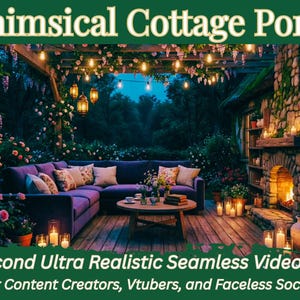 May include: A cozy cottage porch scene with a purple sectional sofa, a round wooden coffee table, and a stone fireplace. The scene is illuminated by string lights and candles, with the text "Whimsical Cottage Porch".
