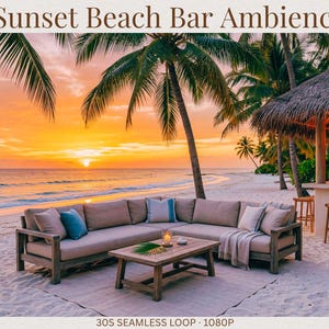 May include: A beach bar scene at sunset. A large sectional sofa with pillows and a wooden coffee table sit on the sand. A thatched-roof bar with stools and palm trees are in the background. The sky is a gradient of orange and yellow.