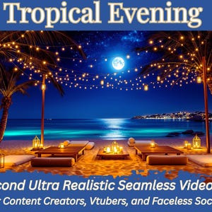 May include: A digital illustration of a tropical beach scene at night. Palm trees are lit with string lights, and lanterns illuminate the sand. The text "Tropical Evening" is at the top, with additional text at the bottom.