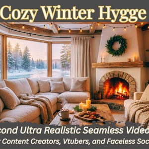 May include: A cozy winter scene with a fireplace, lit candles, and a comfortable sofa. The room has a large window overlooking a snowy landscape. The text "Cozy Winter Hygge" is at the top, and the text "30 Second Ultra Realistic Seamless Video Loop" is at the bottom.