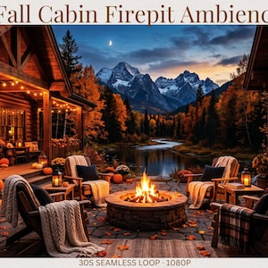 Op de afbeelding: Een digitaal videobestand getiteld Fall Cabin Firepit Ambience met een stenen vuurplaats met een heldere oranje vlam, omringd door vier houten stoelen met witte dekens, pompoenen en herfstbladeren voor twee blokhutten bij het vallen van de avond.