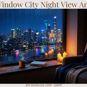 May include: A nighttime city view through a window during a rainstorm. The scene includes a lit cityscape, candles, a mug, and a book on a wooden sill. A cozy armchair with a blanket is in the foreground.