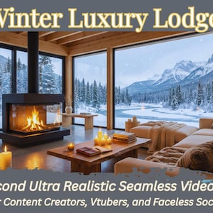 Może przedstawiać: Wnętrze zimowej chaty z kominkiem, dużymi oknami i widokiem na ośnieżone góry. Wyświetlany jest tekst "Winter Luxury Lodge" i "30 Second Ultra Realistic Seamless Video Loop".