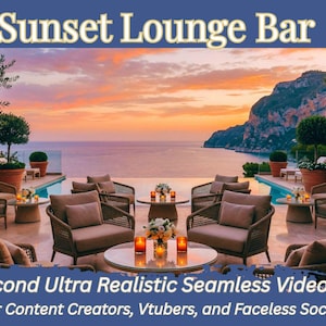May include: An outdoor lounge area with a sunset view. The image features several seating areas with armchairs and small tables, with candles and flowers. The text "Sunset Lounge Bar" and "30 Second Ultra Realistic Seamless Video Loop" are visible.