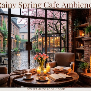 May include: An interior scene of a cafe with the text "Rainy Spring Cafe Ambiance". A round wooden table is set with a cup of coffee, candles, and books. A fireplace with a burning fire is on the right.