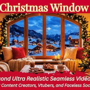 May include: A festive Christmas scene with a window view of a snow-covered village and mountains. The image includes a decorated Christmas tree, candles, and a table with food. Text reads "Christmas Window" and "30 Second Ultra Realistic Seamless Video Loop".