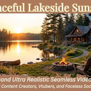 Puede incluir: Una serena escena de puesta de sol junto al lago con una cabaña, una canoa y una fogata. La imagen presenta un lago que refleja la puesta de sol, una cabaña de madera y sillas Adirondack. El texto dice "Peaceful Lakeside Sunset" y "30 Second Ultra Realistic Seamless Video Loop".