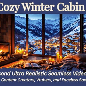 Könnte beinhalten: Illustration einer gemütlichen Winterhütten-Szene. Ein Kamin mit brennendem Feuer befindet sich links. Ein großes Fenster zeigt ein verschneites Bergdorf. Der Text "Cozy Winter Cabin" steht oben. Der Text "30 Second Ultra Realistic Seamless Video Loop" steht unten.