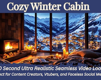 Puede incluir: Ilustración de una acogedora escena de cabaña de invierno. Una chimenea con fuego ardiendo está a la izquierda. Una gran ventana revela un pueblo de montaña nevado. El texto "Cozy Winter Cabin" está en la parte superior. El texto "30 Second Ultra Realistic Seamless Video Loop" está en la parte inferior.