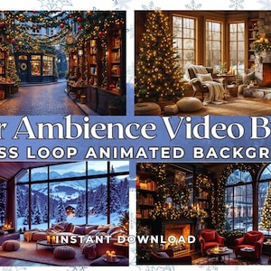 Pode incluir: Uma colagem de arte digital com quatro cenas de inverno aconchegantes. As cenas incluem uma biblioteca, uma sala de estar com lareira, uma vista da montanha nevada e uma sala com uma árvore de Natal. O texto diz "Winter Ambience Video Bundle" e "Seamless Loop Animated Backgrounds".