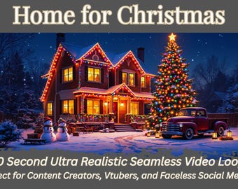 Puede incluir: Escena navideña festiva con una casa adornada con luces y un árbol de Navidad. Una camioneta roja está estacionada cerca. Los muñecos de nieve y las linternas contribuyen al ambiente. Texto: "Home for Christmas".
