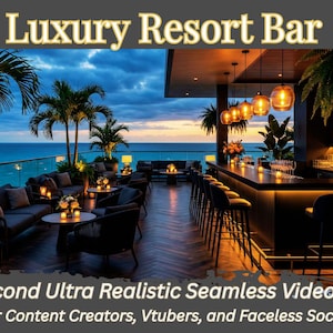 May include: An evening view of a luxury resort bar with a dark bar, stools, and hanging lights. The bar overlooks the ocean with palm trees and seating areas. Text reads "Luxury Resort Bar" and "30 Second Ultra Realistic Seamless Video Loop."