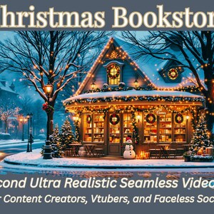 Op de afbeelding: Een illustratie van een besneeuwde kerstboekhandel, verlicht door warme lichten. De tekst "Christmas Bookstore" en "30 Second Ultra Realistic Seamless Video Loop" zijn ook aanwezig.