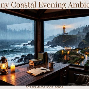 May include: A digital display titled Rainy Coastal Evening Ambience showing a rainy view through a window of a stormy ocean, a lighthouse on a cliff, and a path. On a wooden desk sits an open book, a pen, a lantern, a candle, and a mug.