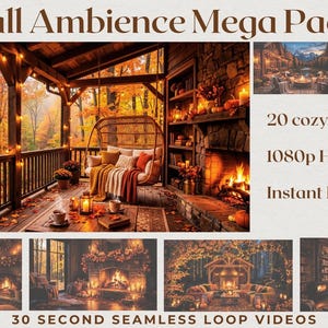 Pack géant d'ambiance automnale | 20 arrière-plans vidéo automnaux chaleureux | Cheminée, pluie, chalet et boucles sans interruption