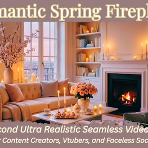Puede incluir: Un salón acogedor con chimenea, sofá y grandes ventanales. Decorado con velas, flores y libros. El texto dice "Romantic Spring Fireplace" y "30 Second Ultra Realistic Seamless Video Loop".