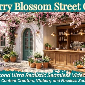 Könnte beinhalten: Eine Straßencafé-Szene mit dem Text "Cherry Blossom Street Cafe". Das Café verfügt über eine Holzbar, Topfpflanzen und eine Tür. Der Text "30 Second Ultra Realistic Seamless Video Loop" ist ebenfalls sichtbar.
