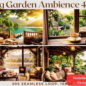 May include: A four-panel image titled "Spring Garden Ambiance 4 Pack." The panels depict serene outdoor scenes with lush greenery, water views, and cozy seating areas. One panel shows a fireplace, another a teacup, and others feature text that reads "30S SEAMLESS LOOP. 1080P" and "Youtube & Vtuber Background."