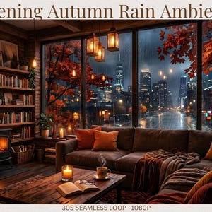 Peut inclure: Une pièce chaleureuse avec une cheminée, des étagères et une grande fenêtre donnant sur une ville pluvieuse la nuit. Le texte 'Evening Autumn Rain Ambience' figure en haut et '30S SEAMLESS LOOP 1080P' en bas de cette scène numérique.