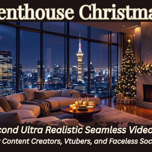 May include: An interior scene with the text "Penthouse Christmas" above a cityscape view. A Christmas tree is lit up next to a fireplace. The text "30 Second Ultra Realistic Seamless Video Loop" is below the image.