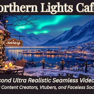Könnte beinhalten: Eine digitale Illustration einer Cafészene bei Nacht unter dem Nordlicht. Das Café, namens "North Pole Cafe", ist mit Lichterketten geschmückt. Der Text lautet "30 Second Ultra Realistic Seamless Video Loop".