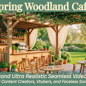 Può includere: Un caffè in legno con bancone, sgabelli e tavoli, circondato dal verde. Il testo "Spring Woodland Cafe" è in alto e "30 Second Ultra Realistic Seamless Video Loop" in basso.