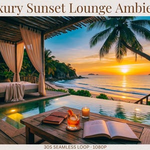 May include: A tropical lounge area with a wooden deck, an infinity pool, and a cabana featuring beige curtains and cushions. A wooden table holds an open book, a glass with a drink, and a candle. The text reads Luxury Sunset Lounge Ambience 30S SEAMLESS LOOP 1080P.