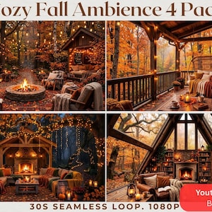 Op de afbeelding: Een digitale collectie getiteld Cozy Fall Ambience 4 Pack met vier verschillende herfstscènes met open haarden, lichtsnoeren en uitzicht op het bos. De tekst luidt Cozy Fall Ambience 4 Pack, 30S SEAMLESS LOOP. 1080P en Youtube & Vtuber Background.