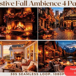 Puede incluir: Un paquete digital de 4 fondos Festive Fall Ambience que incluye una habitación con chimenea, una calle iluminada con calabazas y una cafetería, un porche junto a la playa al atardecer y una hoguera en una cabaña. Incluye bucle 30s 1080p.
