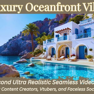 May include: A luxury oceanfront villa with a pool, palm trees, and a view of the ocean. The image includes the text "Luxury Oceanfront Villa" and "30 Second Ultra Realistic Seamless Video Loop".