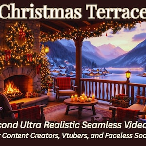 Könnte beinhalten: Eine gemütliche Weihnachtsszene mit Kamin, Weihnachtsbaum und Sitzgelegenheiten im Freien. Das Bild zeigt den Text "Christmas Terrace" und "30 Second Ultra Realistic Seamless Video Loop". Der Hintergrund zeigt eine verschneite Berglandschaft.