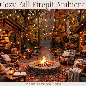 May include: A digital display titled Cozy Fall Firepit Ambience featuring a stone fire pit with a burning fire, surrounded by wooden armchairs with plaid blankets, two open-air wooden structures, bookshelves, and string lights in an autumn forest.