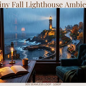 May include: A view through a window showing a rainy coastal scene with a lighthouse, a winding road, and small houses. Inside, a wooden desk holds an open book, a lit lantern, a candle, and a mug. A tufted armchair sits beside bookshelves.