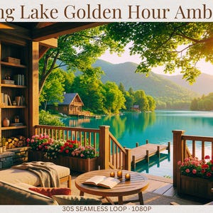 Könnte beinhalten: Eine ruhige Szene im Freien mit einem See und Bergen. Eine Holzterrasse mit Kamin, Sitzgelegenheiten und einem Tisch mit Kerzen. Der Text "Spring Lake Golden Hour Ambiance" steht oben. Das Bild ist eine nahtlose Schleife.