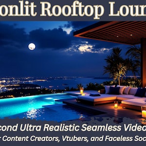 Könnte beinhalten: Nachtszenen eines Rooftop-Lounges mit Pool, Stadtlichtern und Vollmond. Der Text "Moonlit Rooftop Lounge" steht oben. Das Bild enthält auch den Text "30 Second Ultra Realistic Seamless Video Loop" und "Perfect for Content Creators, Vtubers, and Faceless Social Media!"