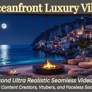 Könnte beinhalten: Innenansicht einer Villa am Meer bei Nacht. Das Bild zeigt einen Vollmond, eine Ansicht einer Küstenstadt und eine Feuerstelle. Der Text auf dem Bild lautet "Oceanfront Luxury Villa" und "30 Second Ultra Realistic Seamless Video Loop".