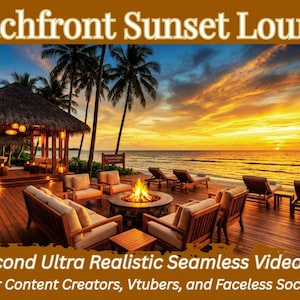 Könnte beinhalten: Strand-Sonnenuntergang-Szene mit einer Lounge mit Strohdach, Palmen und einer Feuerstelle. Der Text "Beachfront Sunset Lounge" steht oben. Das Bild enthält auch den Text "30 Second Ultra Realistic Seamless Video Loop".