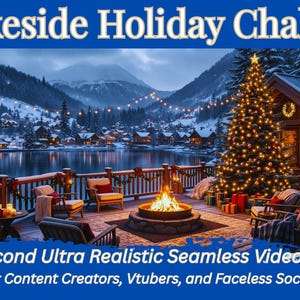 May include: A winter scene with the text "Lakeside Holiday Chalet." The image shows a cozy outdoor setting with a lit Christmas tree, a fire pit, and a lake in the background. The text "30 Second Ultra Realistic Seamless Video Loop" is also visible.