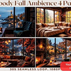 May include: A digital collection titled Moody Fall Ambience 4 Pack featuring four distinct interior scenes with autumn views, fireplaces, bookshelves, and cosy furniture. The text includes Moody Fall Ambience 4 Pack, 30S SEAMLESS LOOP. 1080P, and Youtube & Vtuber Background.