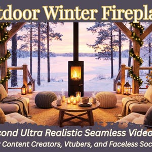 Puede incluir: Una escena invernal al aire libre con chimenea, asientos y un árbol de Navidad. La imagen incluye el texto "Outdoor Winter Fireplace" y "30 Second Ultra Realistic Seamless Video Loop".
