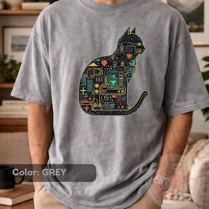 Maglietta Comfort Colors Tech Cat, maglietta grafica Cyberpunk Cat, maglietta geek programmatore con animali, maglietta Kawaii Sci Fi Kitty, regalo per gamer con gatto
