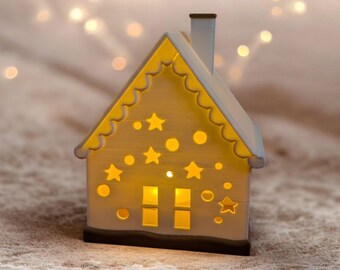 Casita navideña con velas de té impresa en 3D: decoración navideña con luminarias
