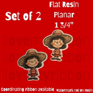 May include: Set of two flat resin planar figures of a girl wearing a straw hat and a red and white striped dress. The figures are approximately 1 3/4 inches in size. The background is red with the text "I love ribbon".