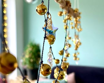 Handmade Christmas Garland - 2 Meters with Gold Jingle Bells and Crystal Stars - Festive Holiday Decor