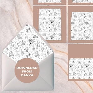 May include: An image showcasing various envelope templates with a decorative black and white pattern. The text at the top reads "19 DIFFERENT TEMPLATE SIZES" with size options including 6.5IN and 5IN. The bottom left corner has the text "DOWNLOAD FROM CANVA".