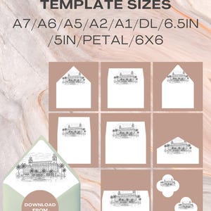 May include: An assortment of white envelopes with a detailed black and white illustration of a building with palm trees. The text "19 DIFFERENT TEMPLATE SIZES" and size options are displayed. The text "DOWNLOAD FROM CANVA" is also visible.
