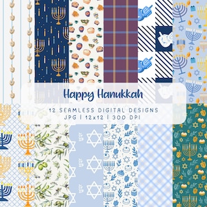 May include: A collection of 12 seamless digital designs with Hanukkah themes. The patterns include menorahs, dreidels, Stars of David, and other holiday-related imagery in various colors, including blue, gold, and white. The text "Happy Hanukkah" is displayed.