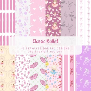 Può includere: Una collezione di 12 design digitali senza cuciture con tema balletto classico. I design presentano ballerine, scarpette da ballo, tutù e altri elementi legati al balletto in tonalità di rosa, viola e bianco. Il testo "Classic Ballet" è visualizzato.