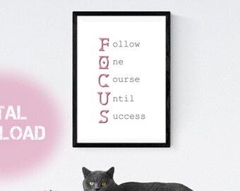 Boss Lady, "FOCUS" Inspirational Wall Art Print for the Entrpreneur's Office, Living Room, Bedroom Decor, Pastel Pink